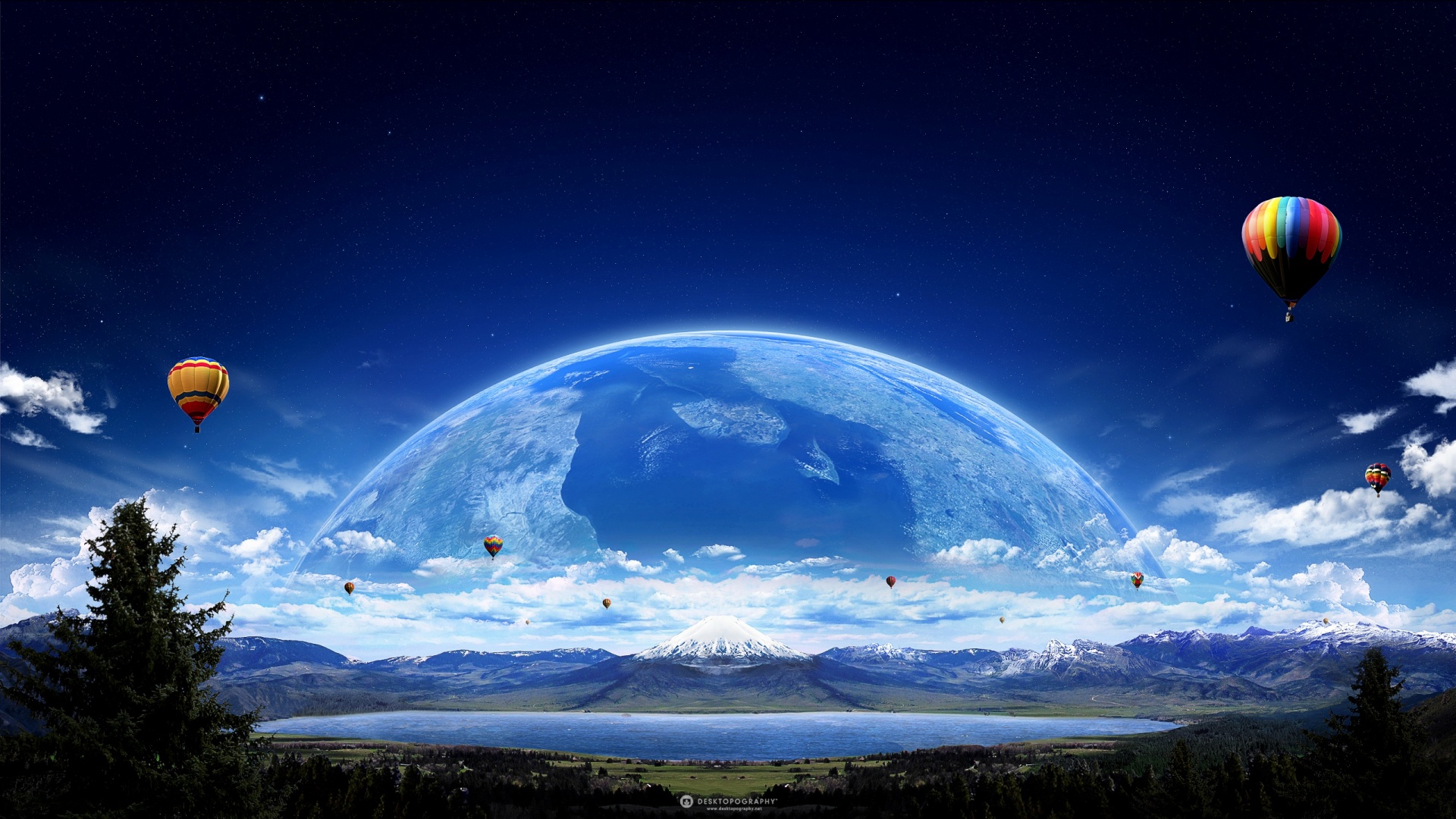 Fantasy landscape with a large, close-up planet, hot air balloons, a lake, and mountains