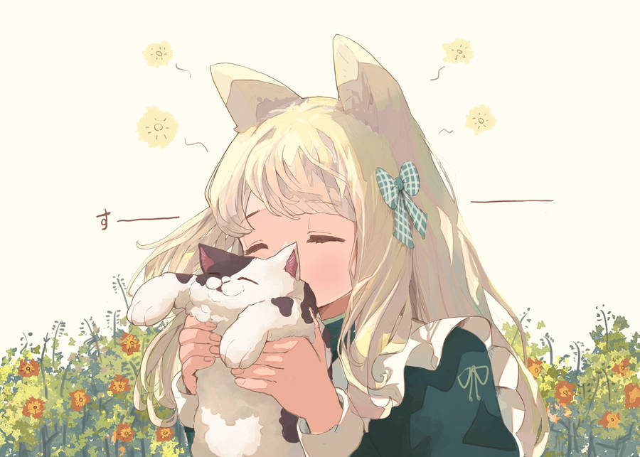 Blonde Anime Cat Girl With Kitty Wallpaper