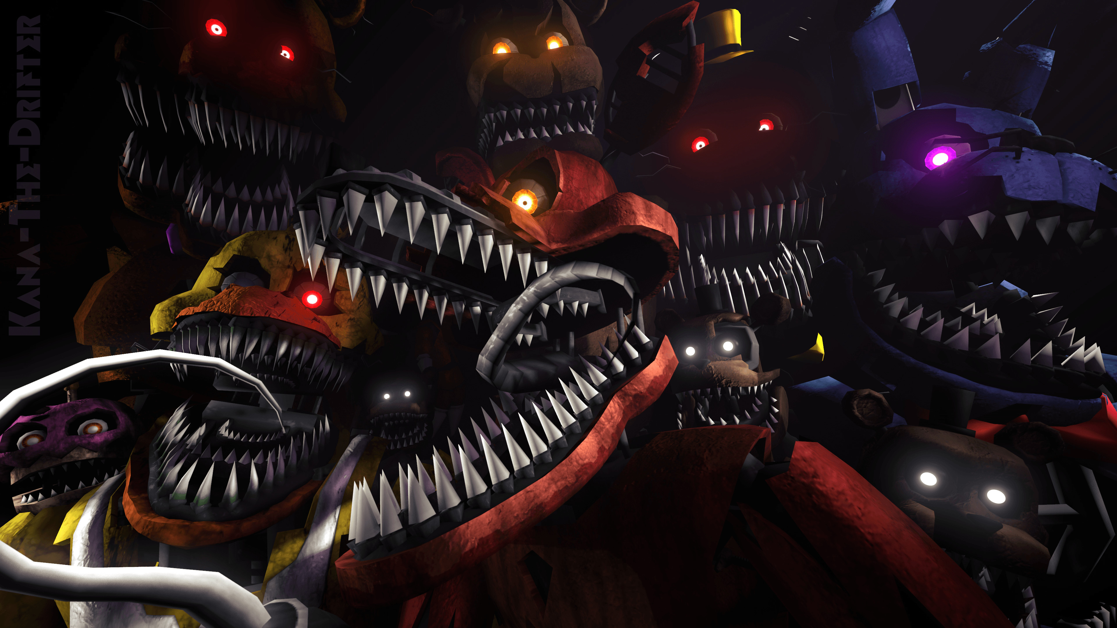 A group of menacing animatronics from the Five Nights at Freddy's franchise with sharp teeth and glowing eyes