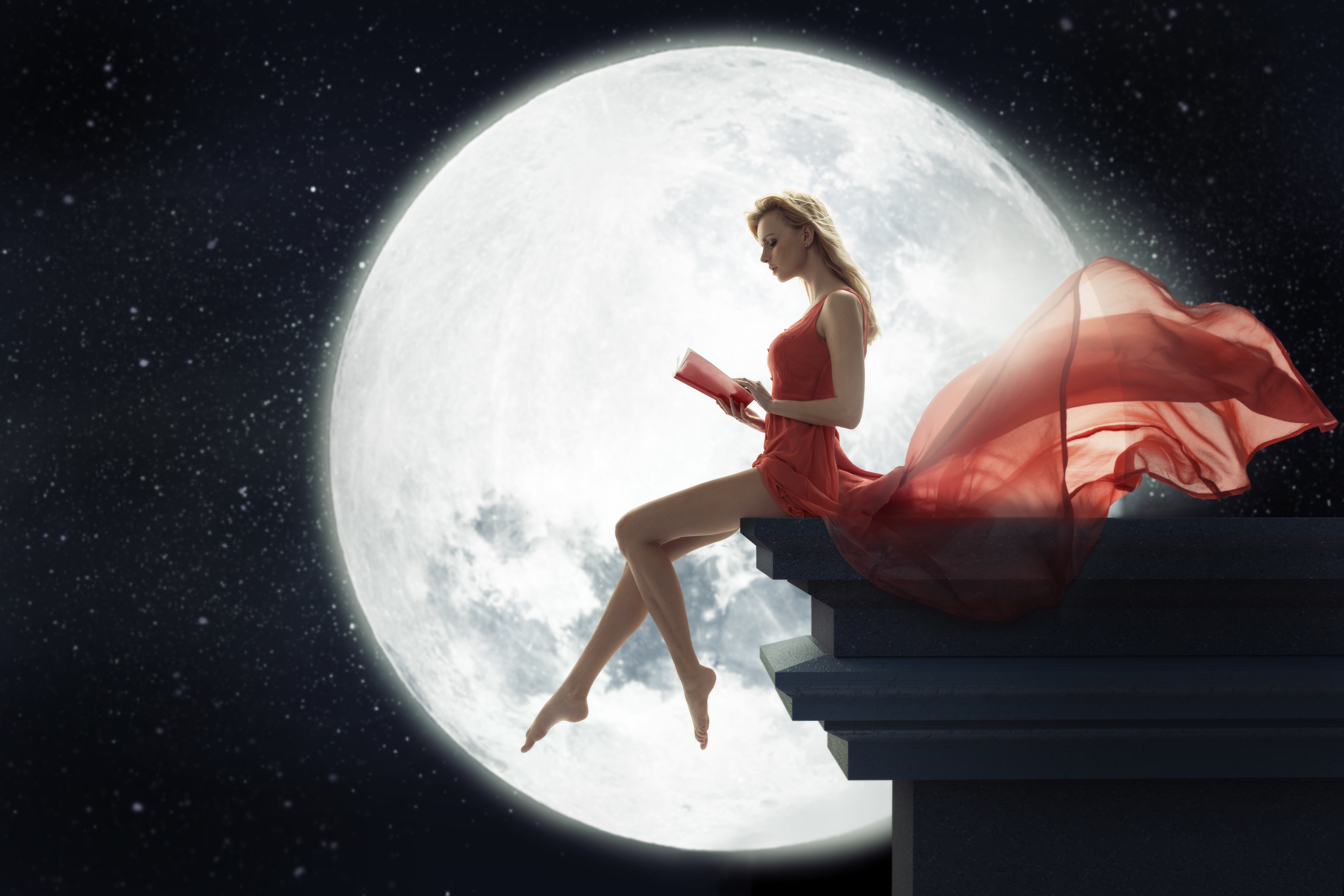 Girl Wallpaper Sits Dress Legs Book Reading Blonde Moon Night