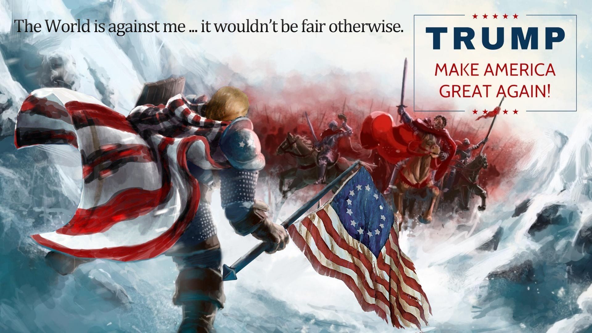 A dramatic digital artwork depicting Donald Trump as a medieval knight, holding an American flag and facing an opposing army, with the slogan 