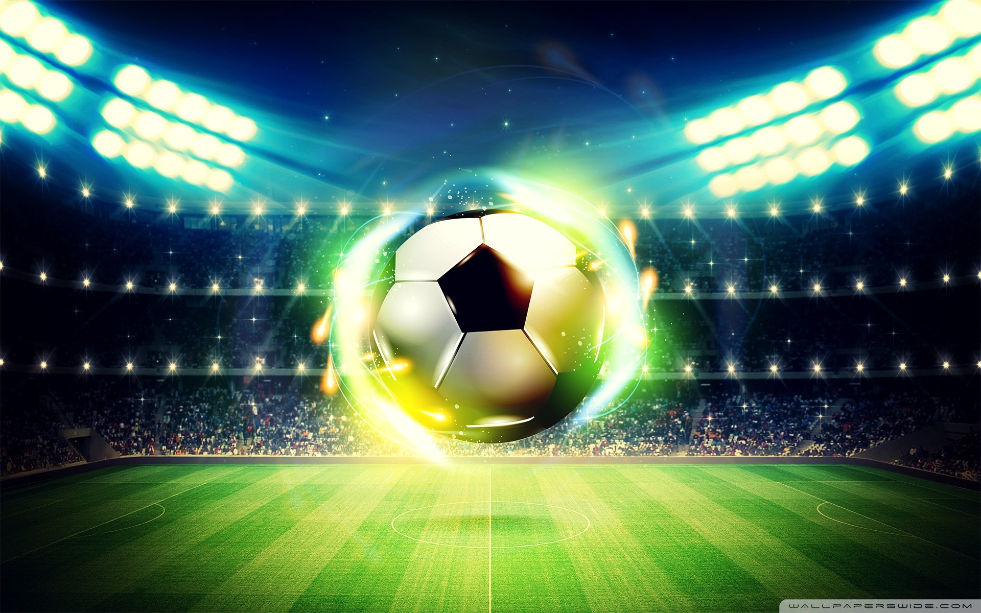 A soccer ball glowing with green and yellow energy, hovering over a vibrant green soccer field in a packed stadium under bright lights