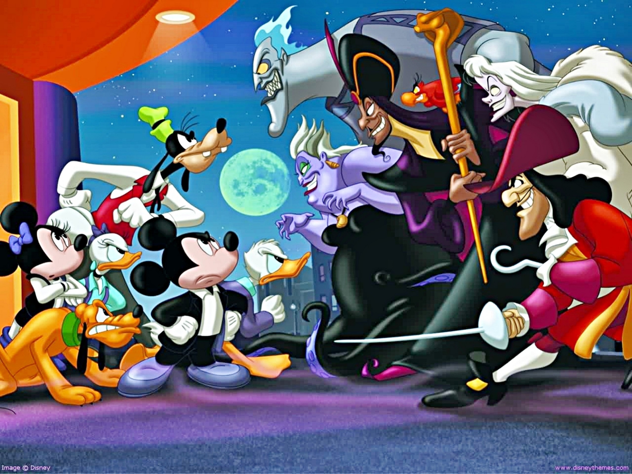 A showdown of Disney characters, with Mickey Mouse, Donald Duck, Goofy, Pluto, and others facing off against villains like Jafar, Hades, Ursula, and Captain Hook
