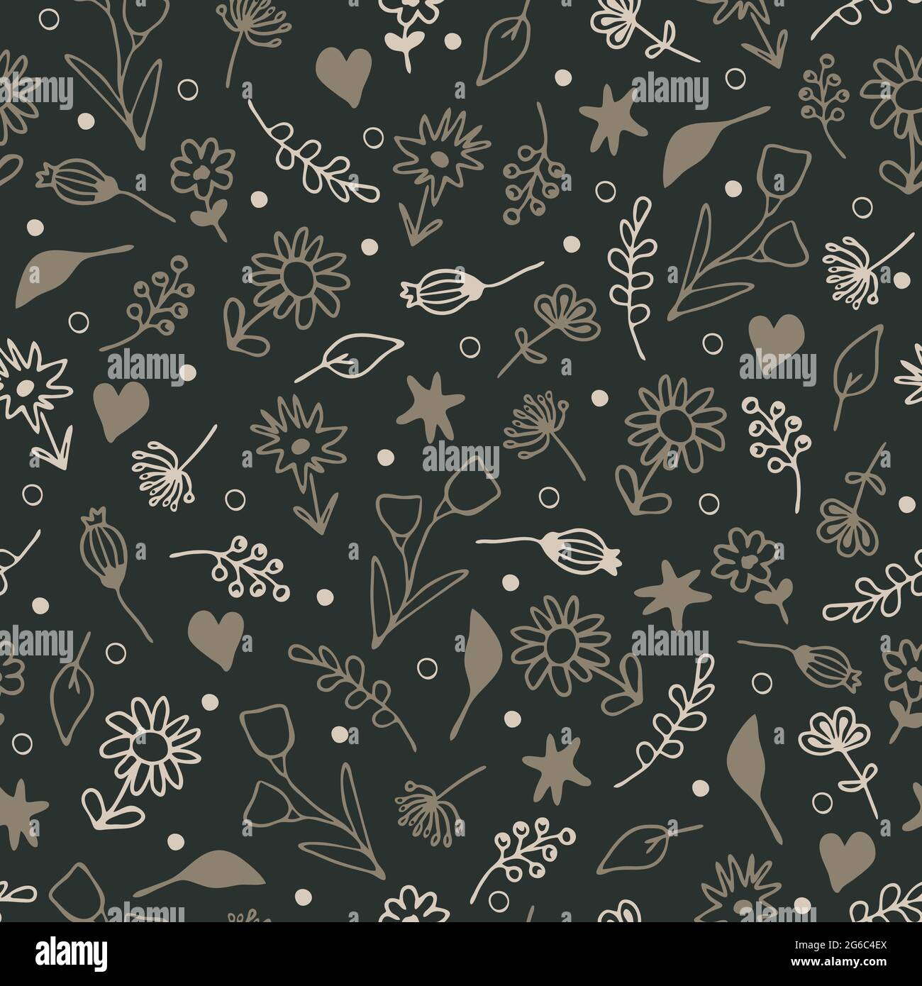 Seamless Vector Pattern With Small Grey Flowers On Dark Green