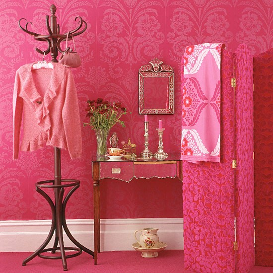 Pink Dressing Room With Patterned Wallpaper Screen And Mirrored Table