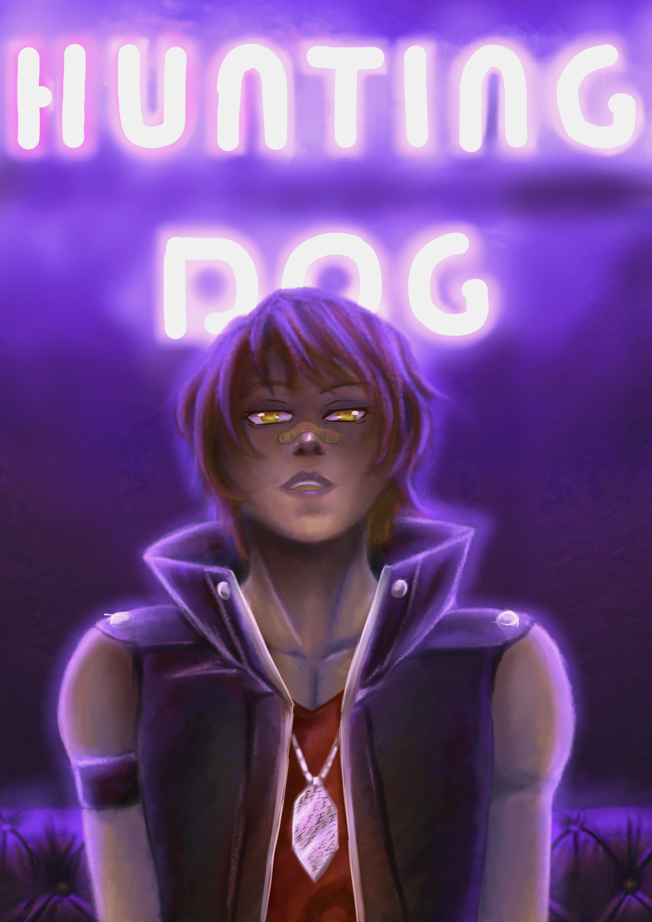 A fan art depiction of a character, possibly original, with short brown hair and a bandage on their nose. They wear a dark vest, red undershirt, and a pendant necklace. They are positioned against a vibrant purple backdrop with a neon sign reading 