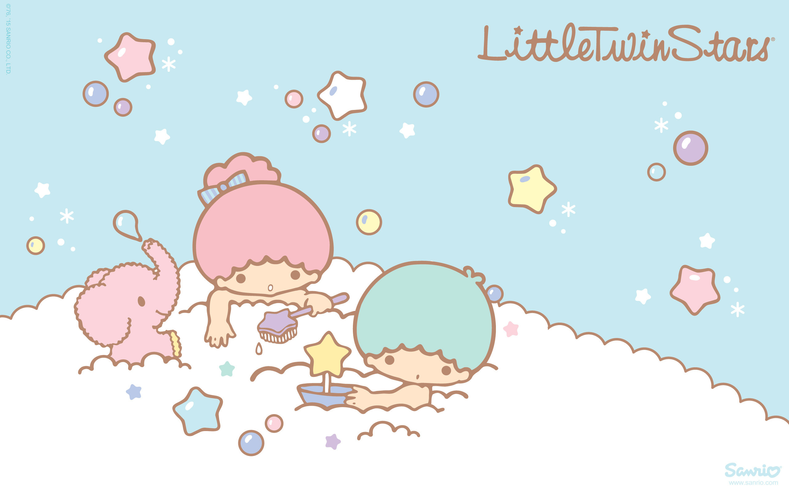 Kiki and Lala, the Little Twin Stars, enjoy a bubbly bath with their elephant friend in this adorable Sanrio wallpaper