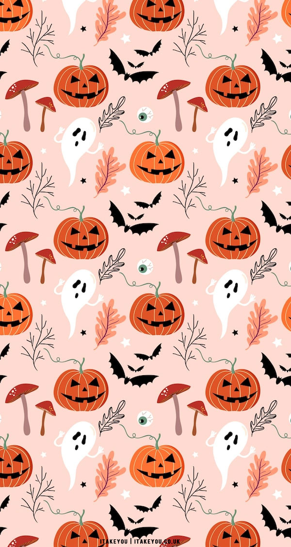 Pumpkin Face And Ghost Halloween Phone Wallpaper Pink
