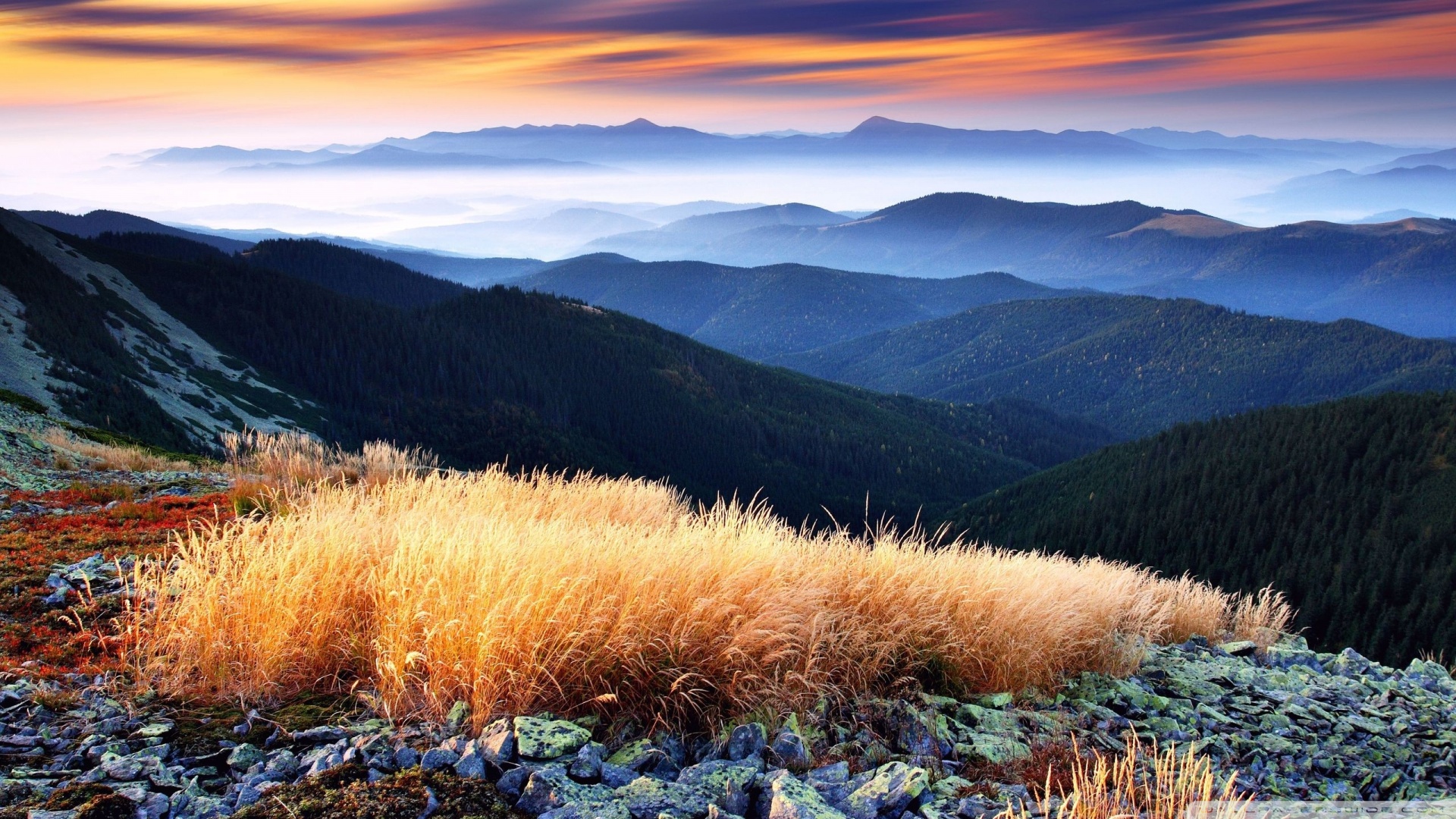 Golden hour sunlight illuminates a mountain landscape with rolling hills and layers of hazy mountains in the background