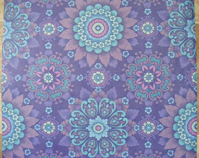Vintage Wallpaper Purple Turquoise Retro Flowers Violet Meter