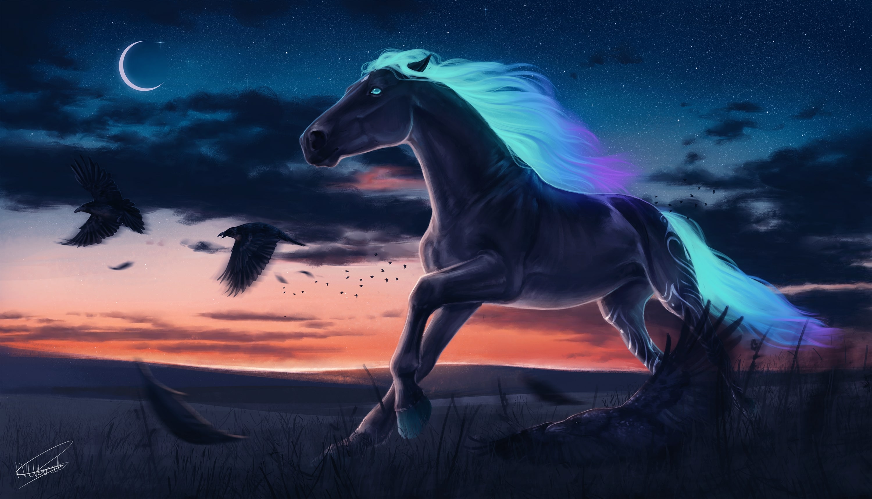 Wallpaper Crow Fantasy Horse Moon Night Background