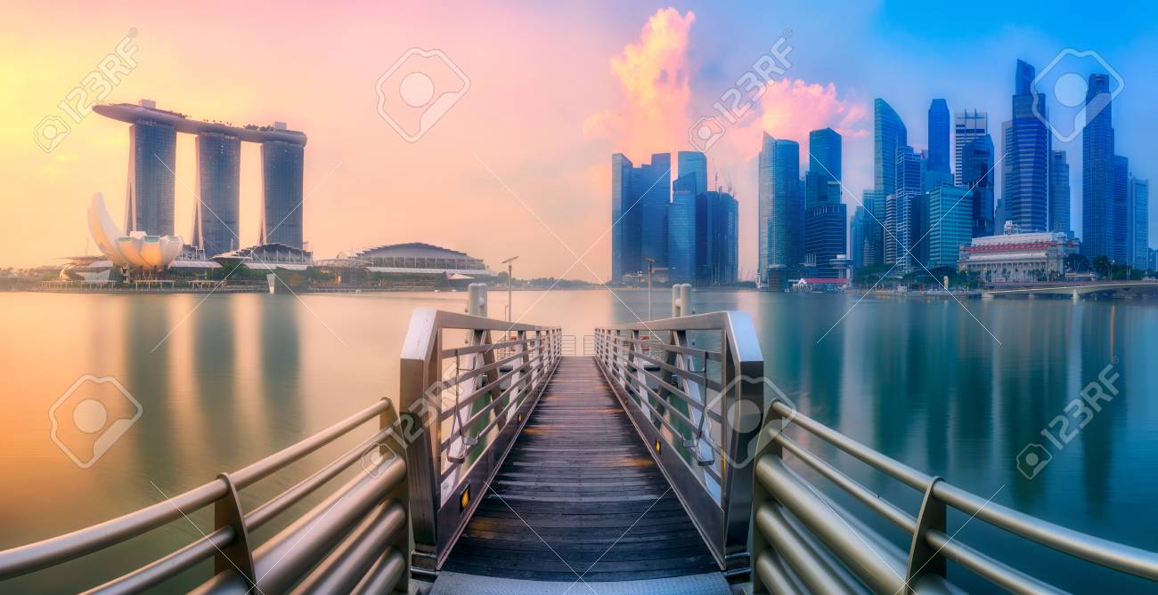 Vibrant Panorama Background Of Singapore Skyline At The Business