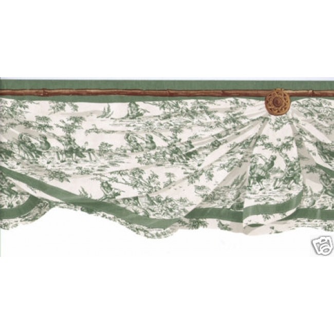 GREEN TOILE ON CREAM SWAG WALLPAPER BORDER   All 4 Walls Wallpaper