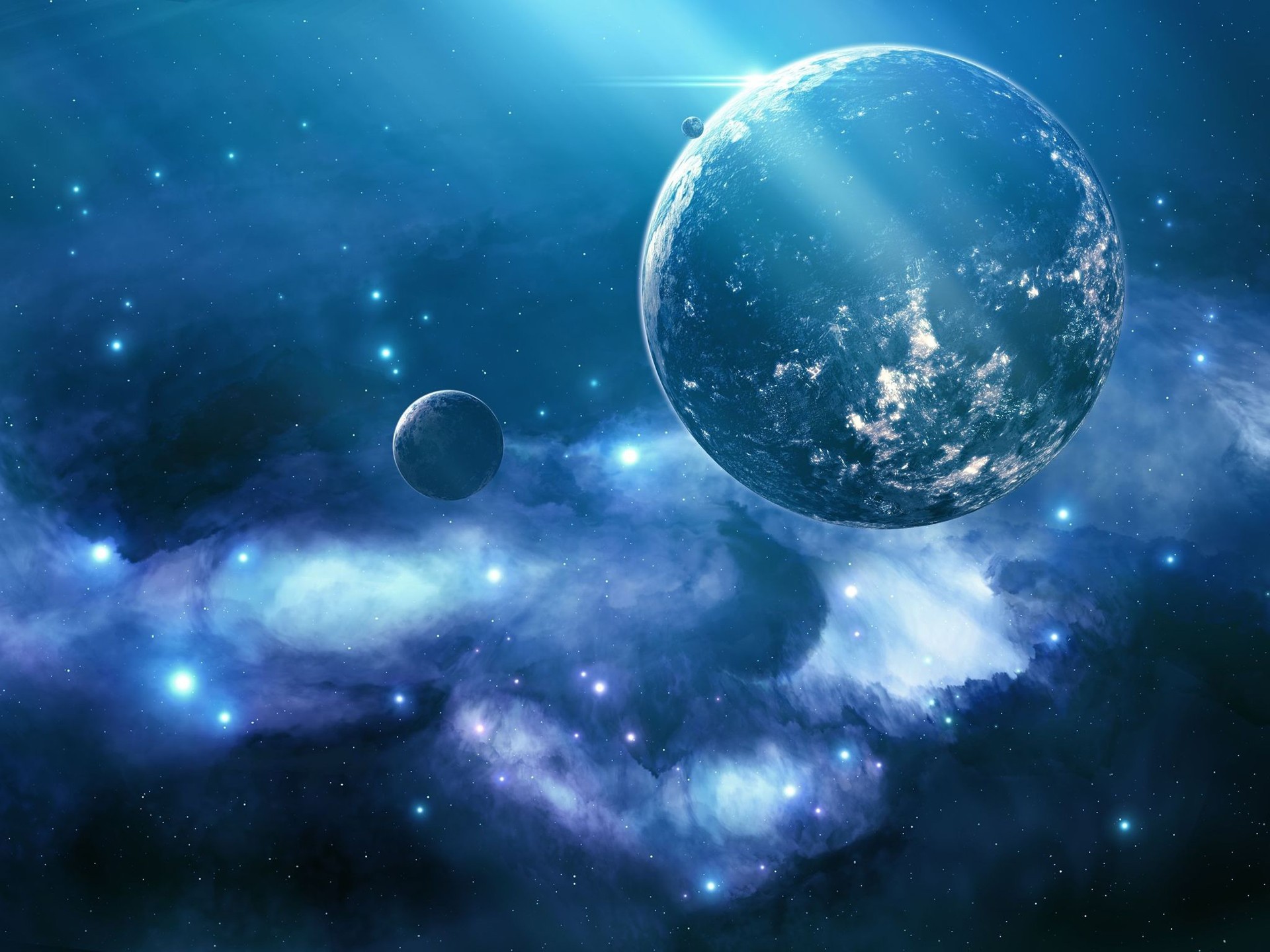 A vibrant blue planet dominates the scene in this space wallpaper, accompanied by smaller celestial bodies and a backdrop of swirling nebulae
