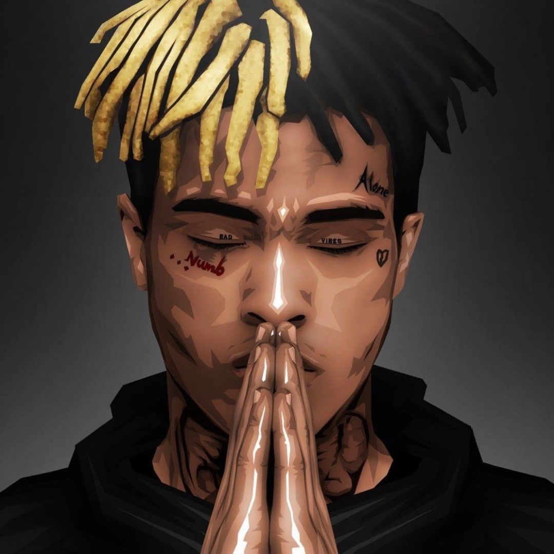 A stylized illustration of XXXTentacion with his signature half-blonde dreadlocks, praying with his eyes closed. His face tattoos are visible, including 'Alone', 'Bad Vibes', and 'Numb'