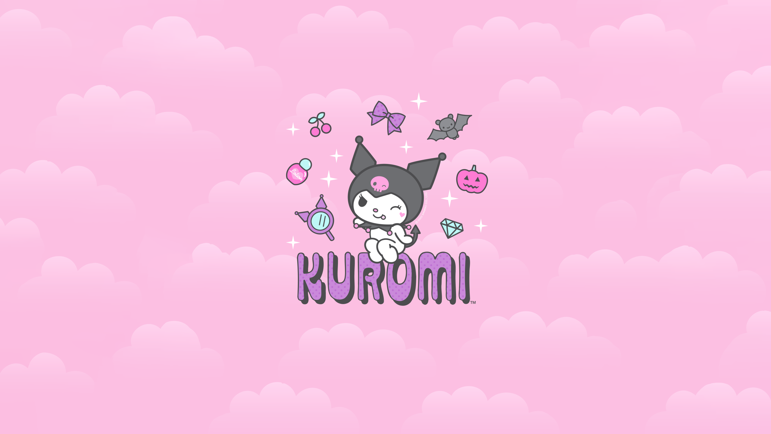 Kuromi on a pink cloudy background, surrounded by cute and spooky elements like a bat, a pumpkin, a bow, cherries, a perfume bottle, and a jewel