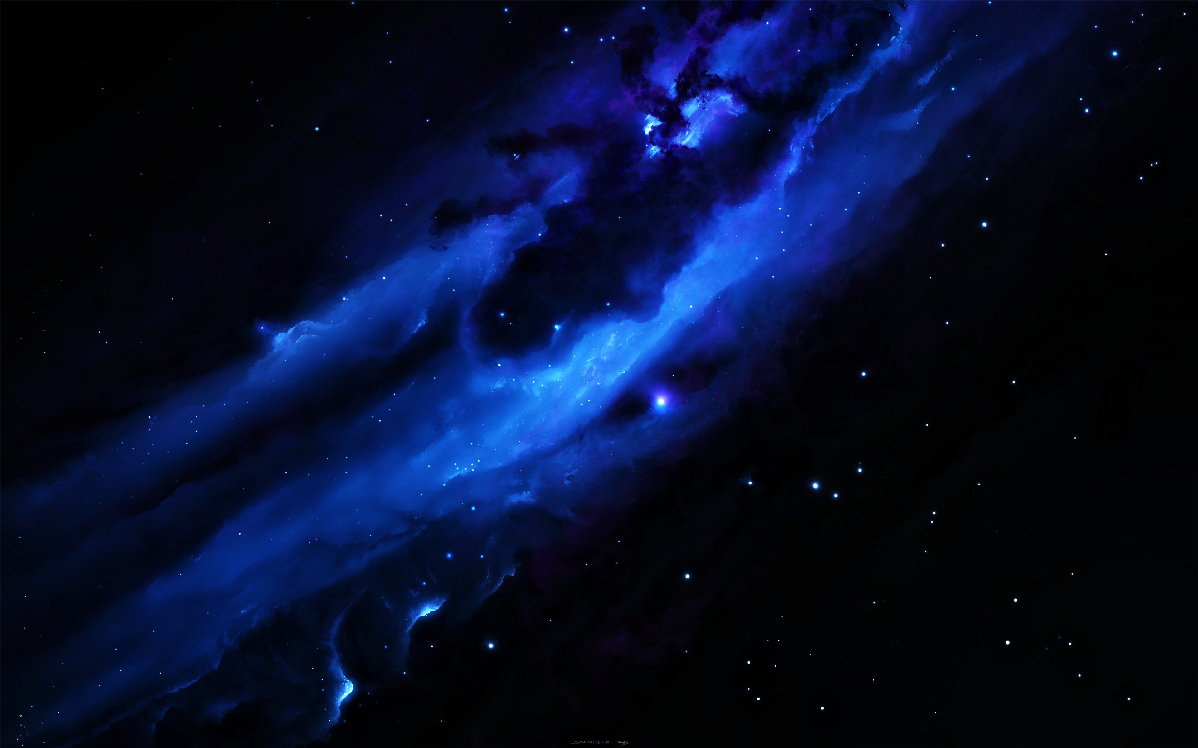 A breathtaking vista of a blue nebula stretching across a dark, star-studded expanse of space