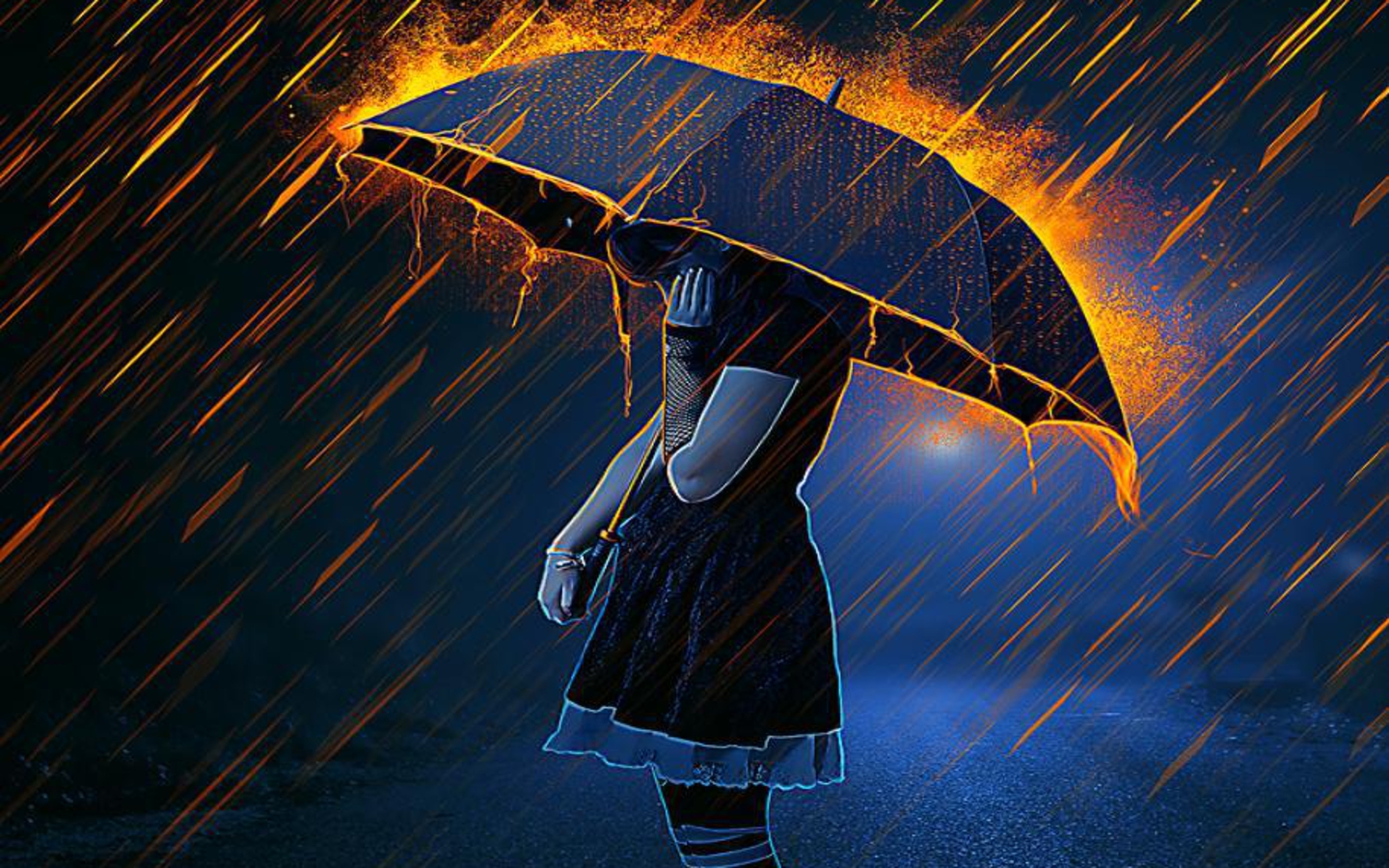 Anime Women Woman Girl Umbrella Fire Rain Wallpaper