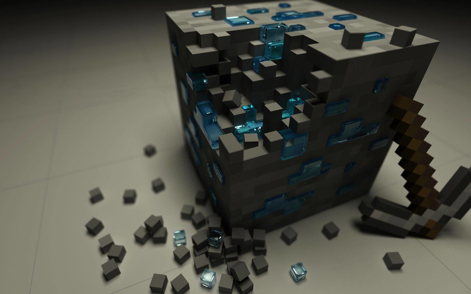Close-up render of a partially mined diamond ore block in Minecraft, with scattered ore pieces and a diamond pickaxe nearby