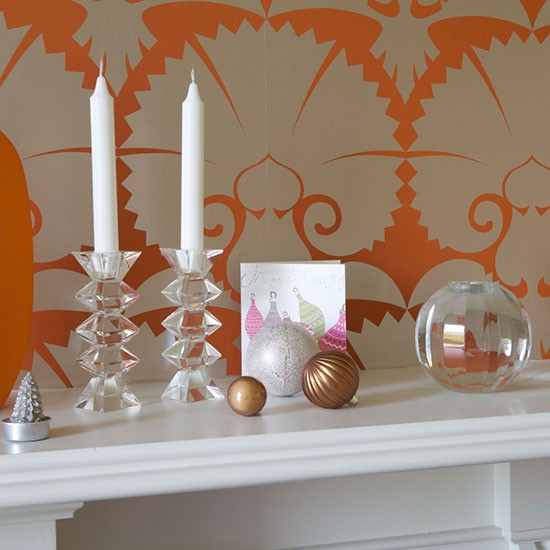 Hallway Display With Feature Wallpaper Christmas Decorating