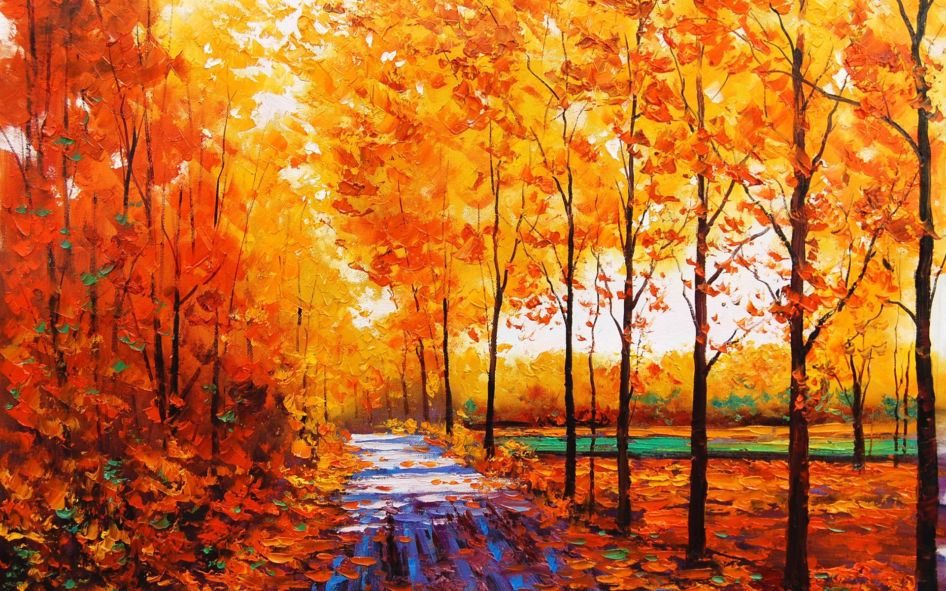 Art Artistic Oil Painting Nature Landscape Trees Forest Path Sidewalk