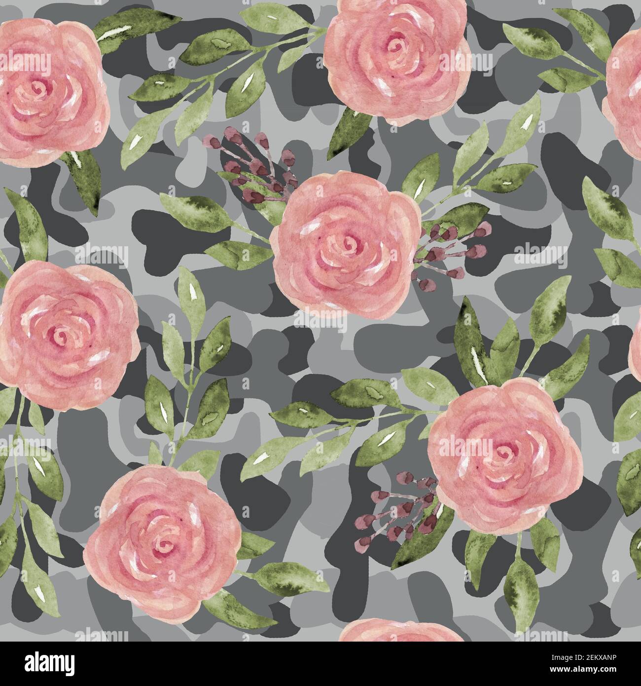 Floral camo camouflage seamless pattern with pink roses flowers