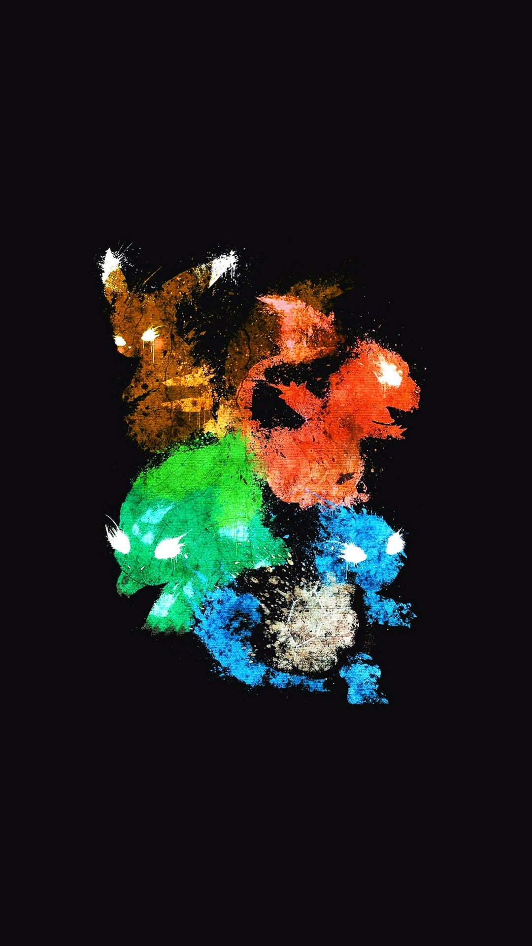 A vibrant, artistic wallpaper featuring four iconic Pokémon: Pikachu, Charmander, Bulbasaur, and Squirtle, rendered in a stylized, splatter-paint effect against a dark background