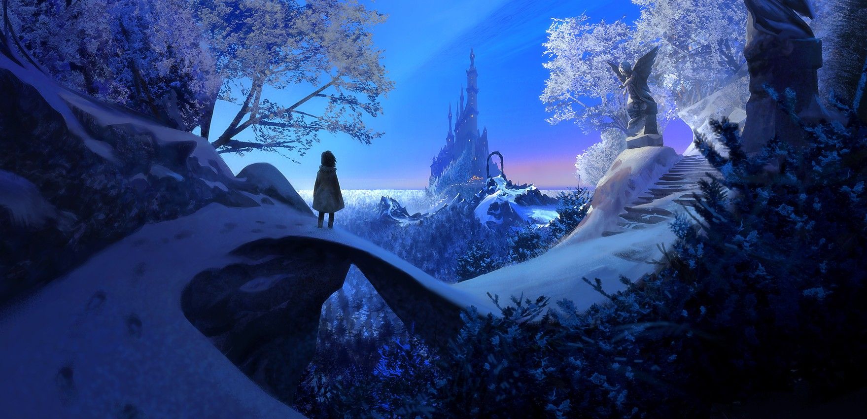 A young person stands on a snowy cliff, gazing at a majestic ice castle in a wintry landscape. An angel statue and snow-covered trees add to the enchanting scene