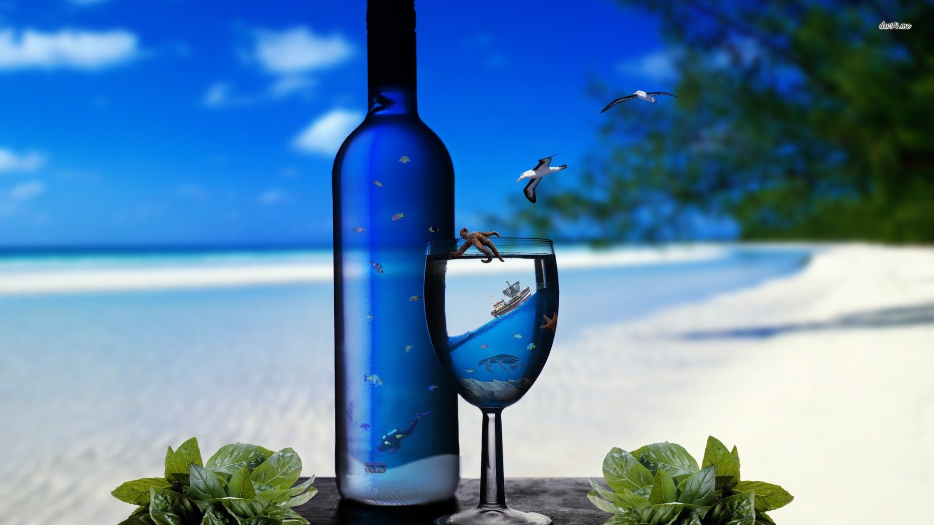 Glass And Bottle On The Beach Wallpaper Digital Art