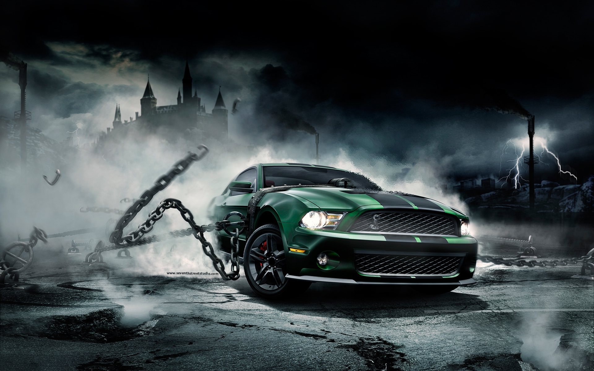 A powerful green Ford Mustang Shelby GT500 dominates a dramatic, dark fantasy landscape, complete with chains, fog, and a looming castle in the background