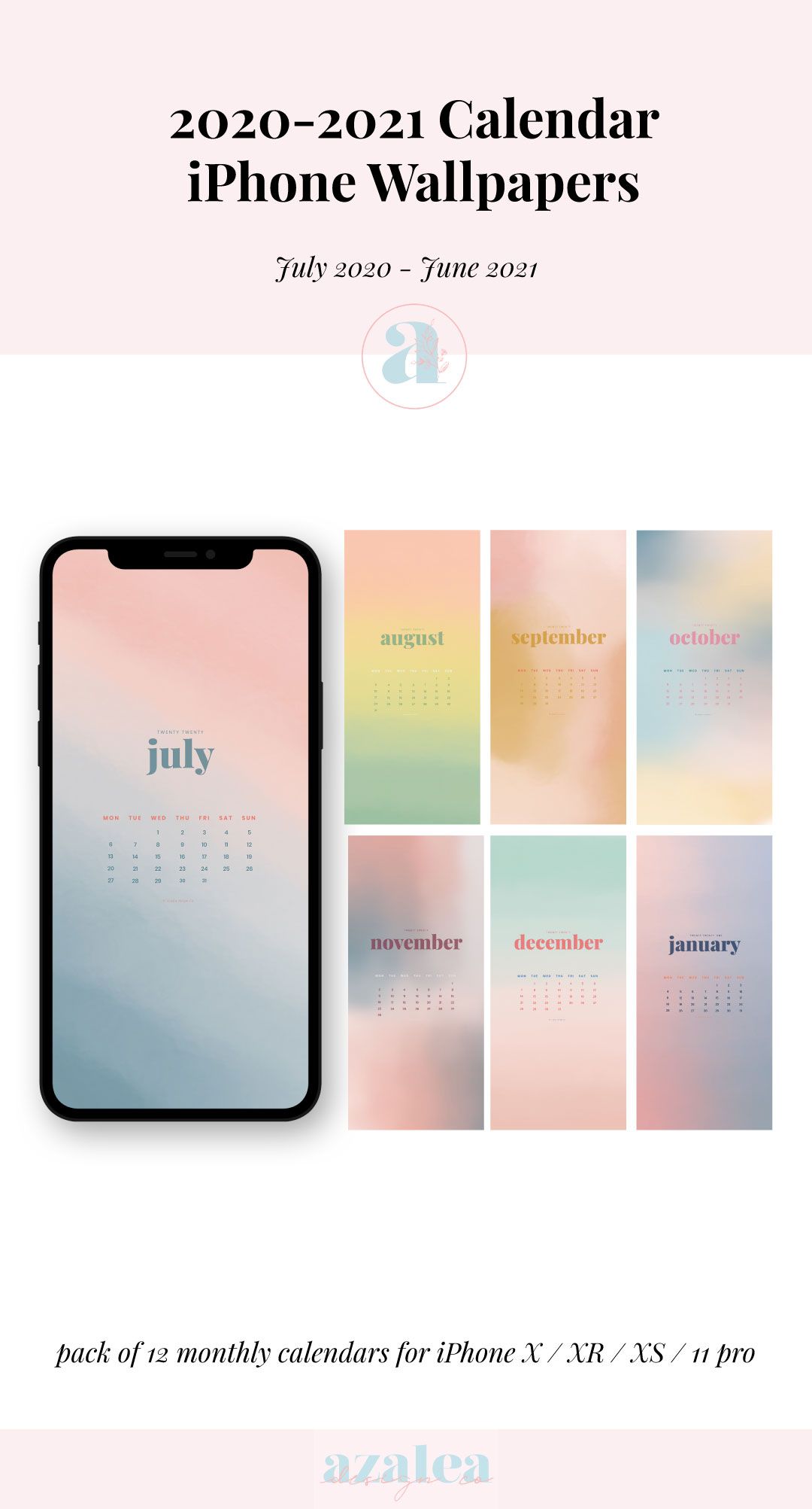 Watercolour iPhone Calendars Phone Wallpaper Instant