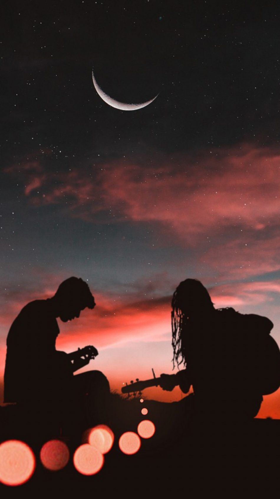 Romantic Couple Playing Guitar Sunset Half Moon Romantic