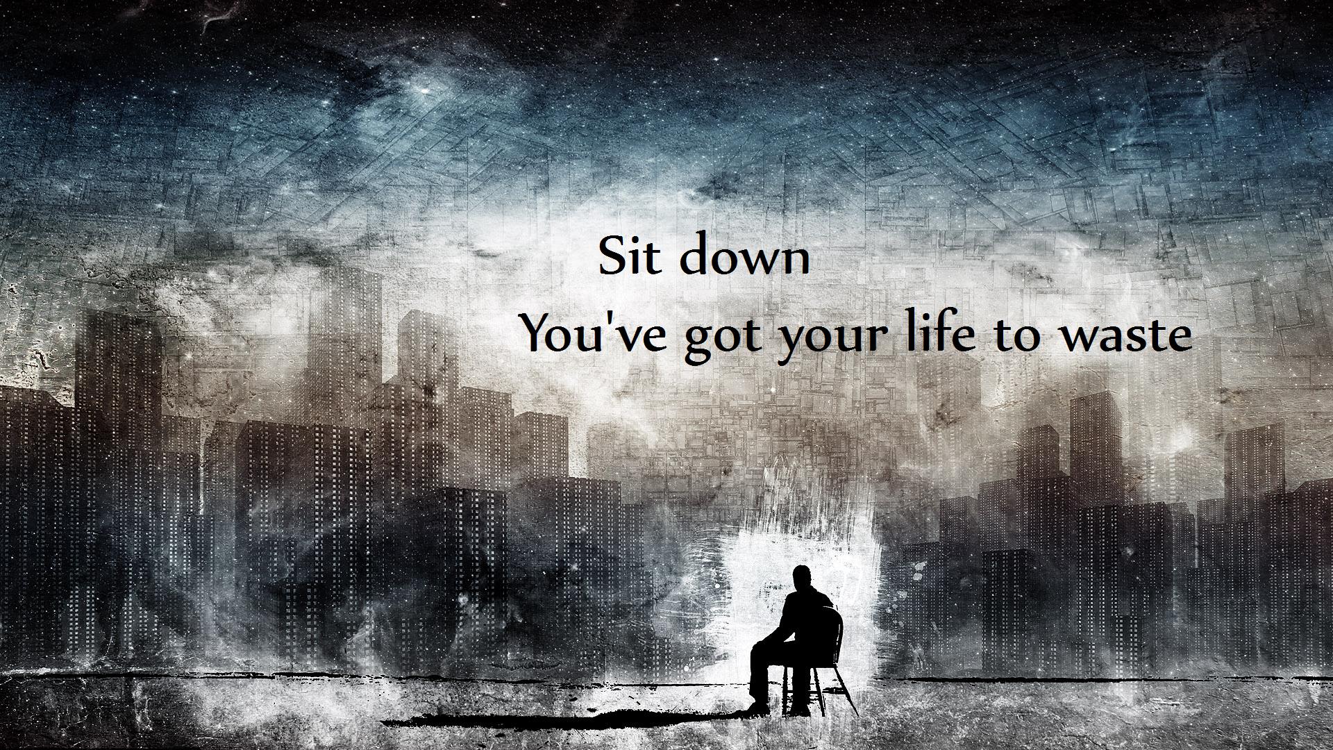 A silhouette of a person sitting in a chair against a backdrop of a faded cityscape, conveying a sense of loneliness and wasted life
