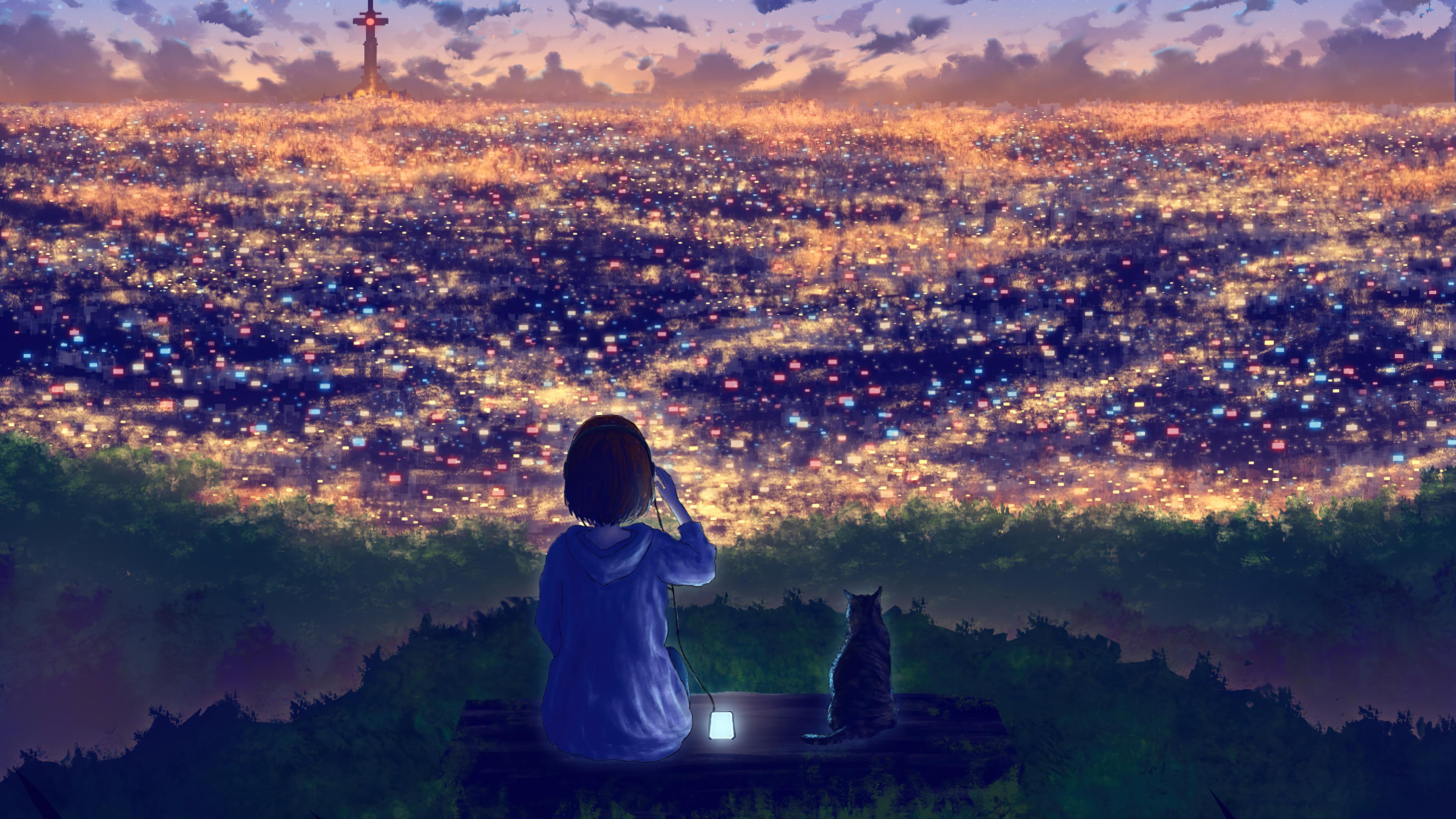 Night Anime Girl Cat Scenery 4k Wallpaper iPhone HD Phone 2870g