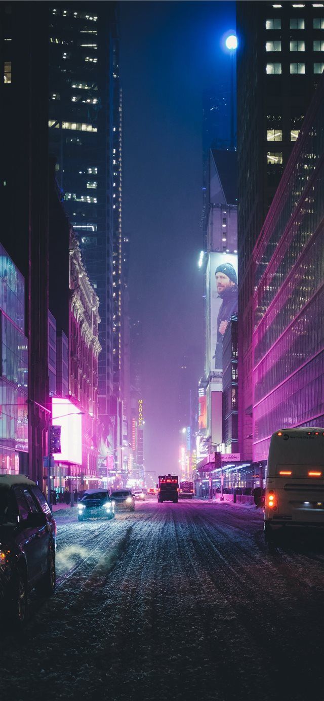 Neon New York Under The Snow iPhone X Wallpaper Night City Road