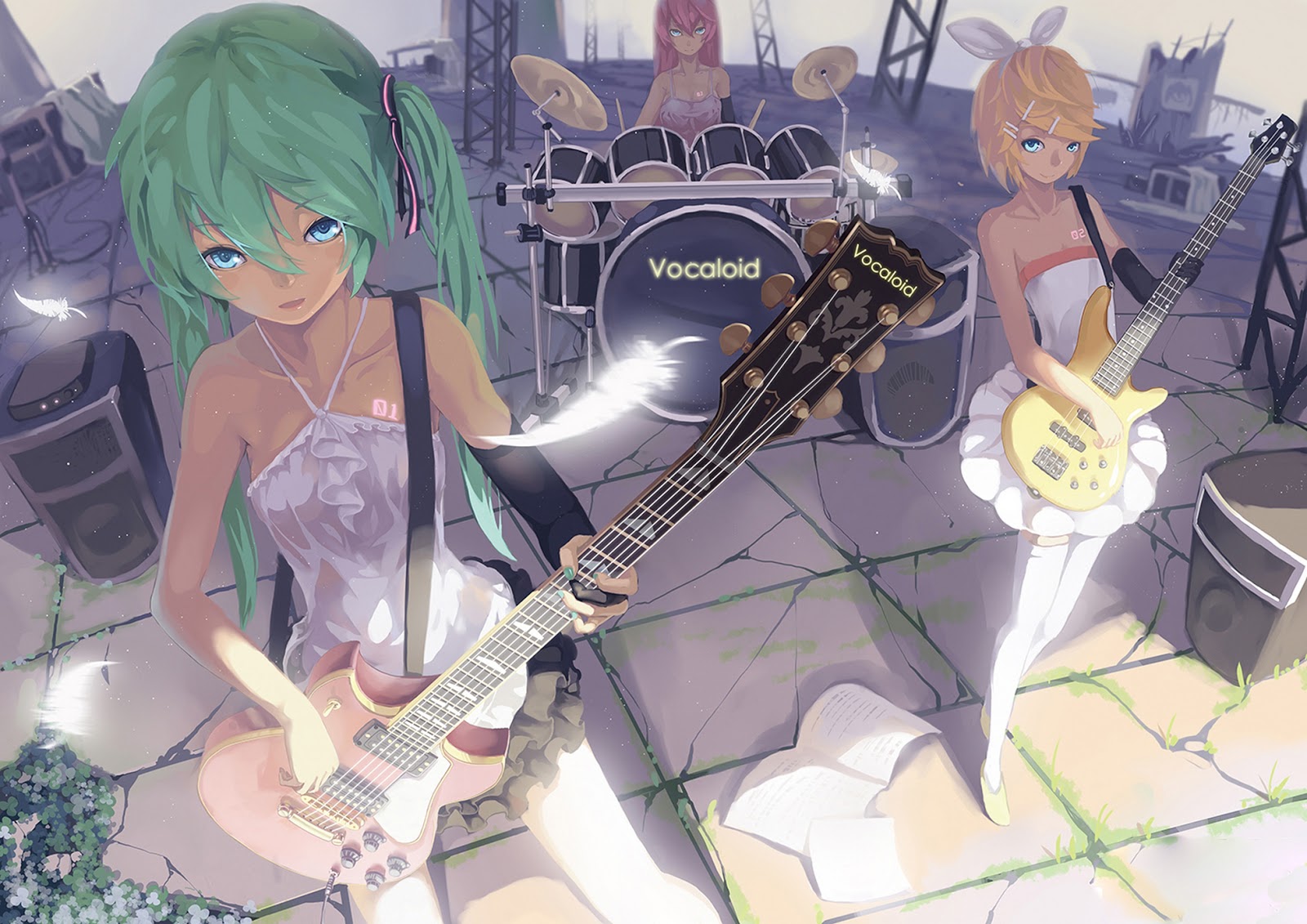 Girl Band Guitar Drum Vocaloid Hatsune Miku Anime HD Wallpaper Desktop