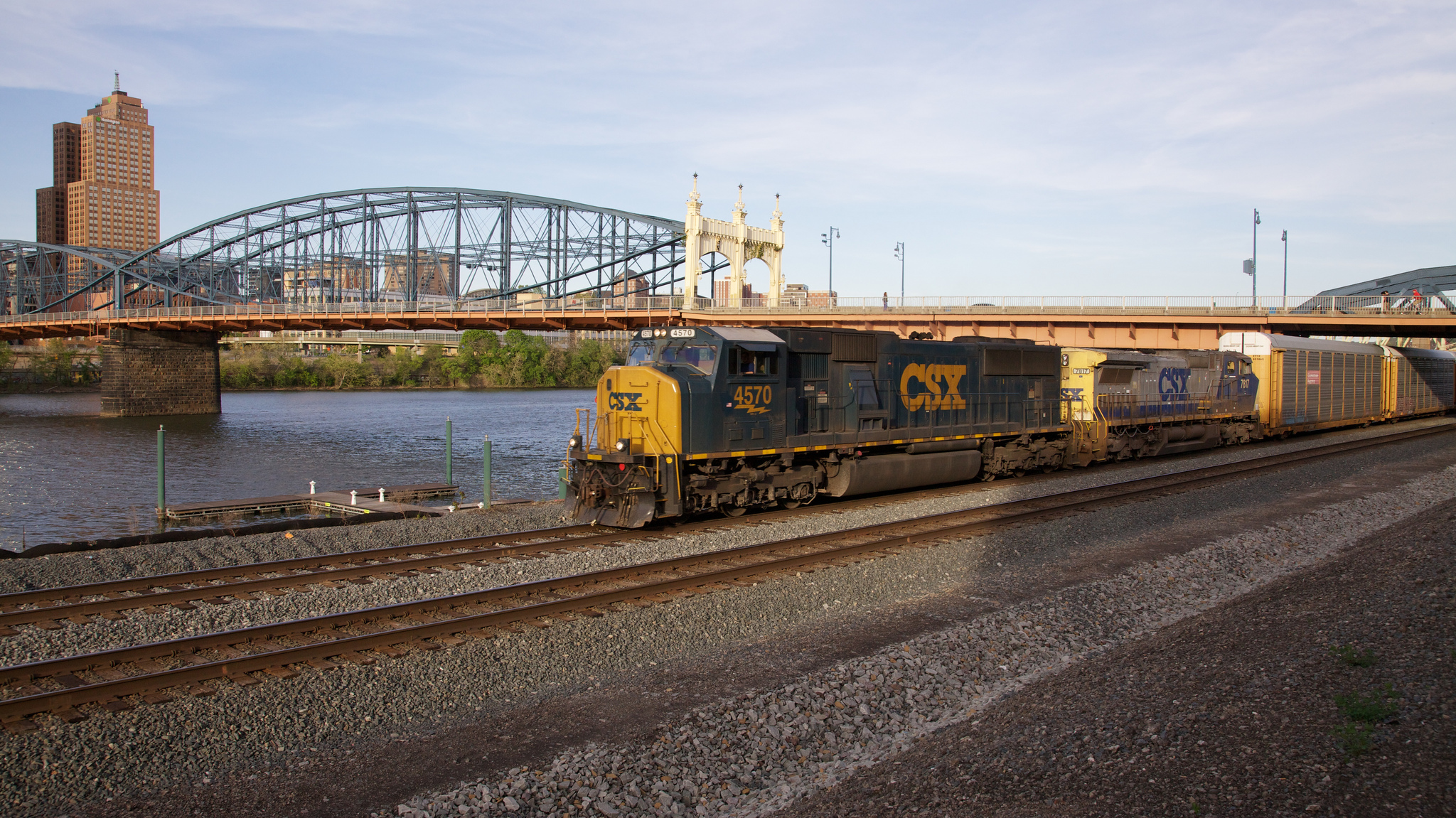 Csx Train Crossing Under The Smithfield Bridge In Pittsburgh