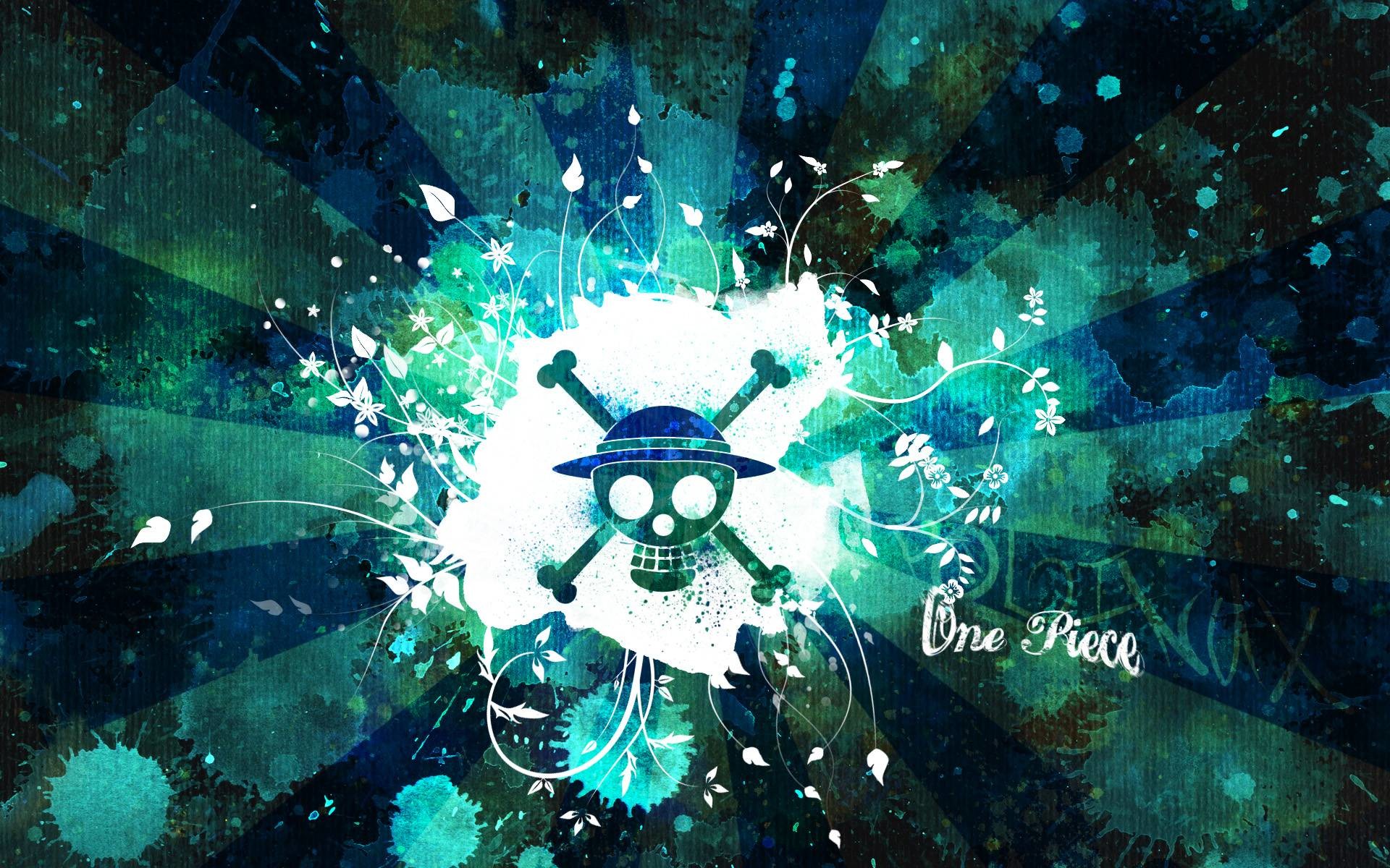 One Piece Logo with a Cool, Grungy Blue-Green Background