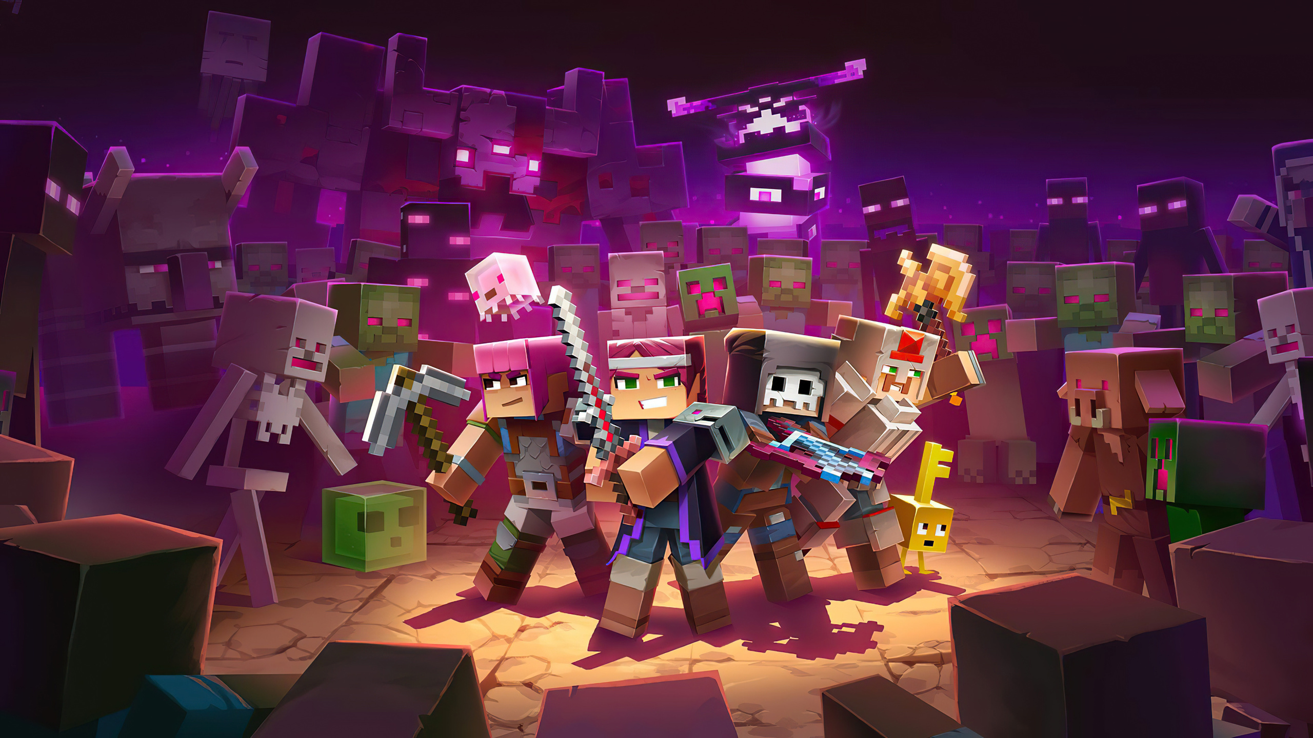 Minecraft Dungeons promotional image featuring four heroes facing a horde of Minecraft mobs in a dark dungeon setting