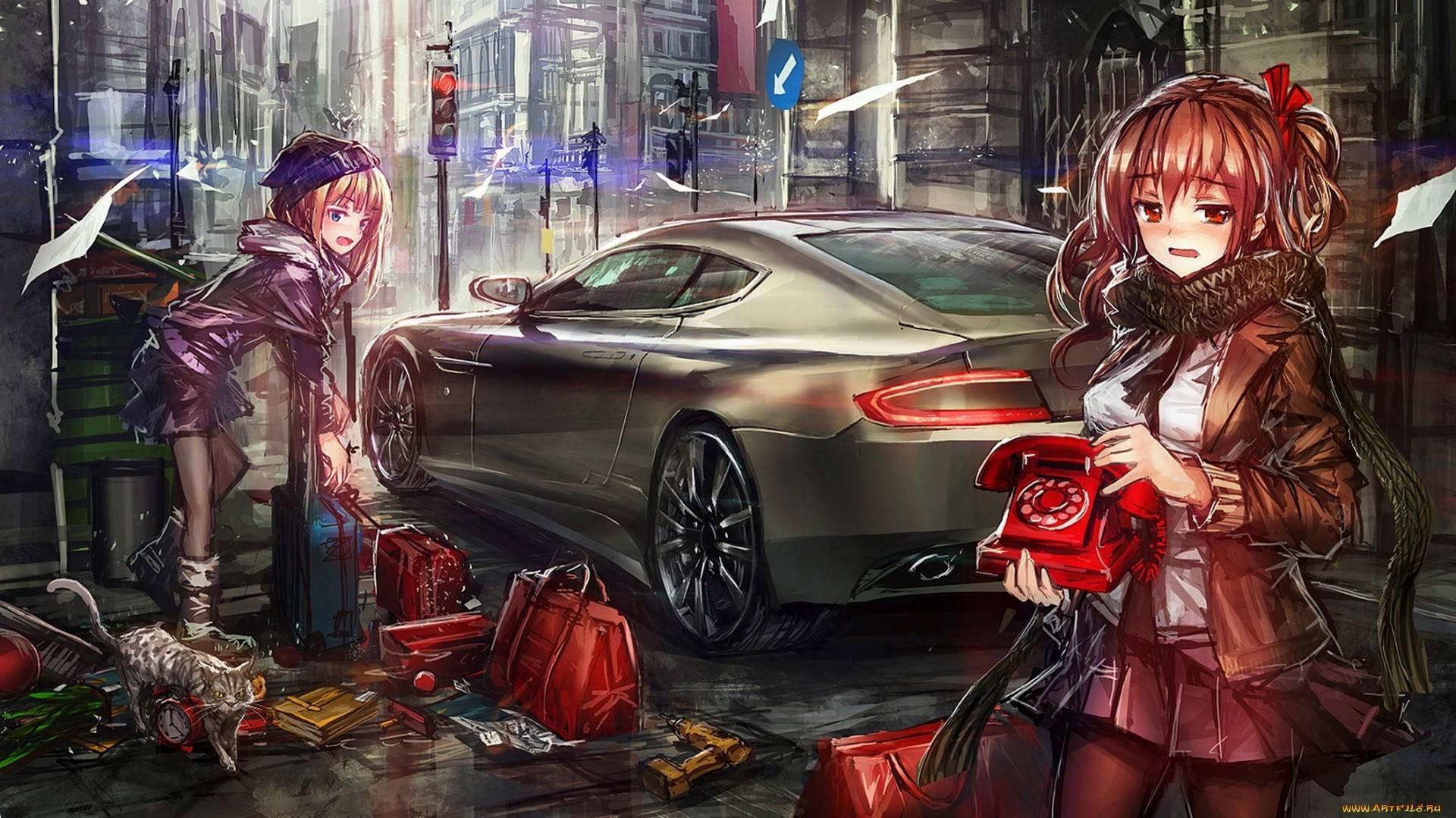 Download Girls And An Aston Martin Car Anime Wallpaper