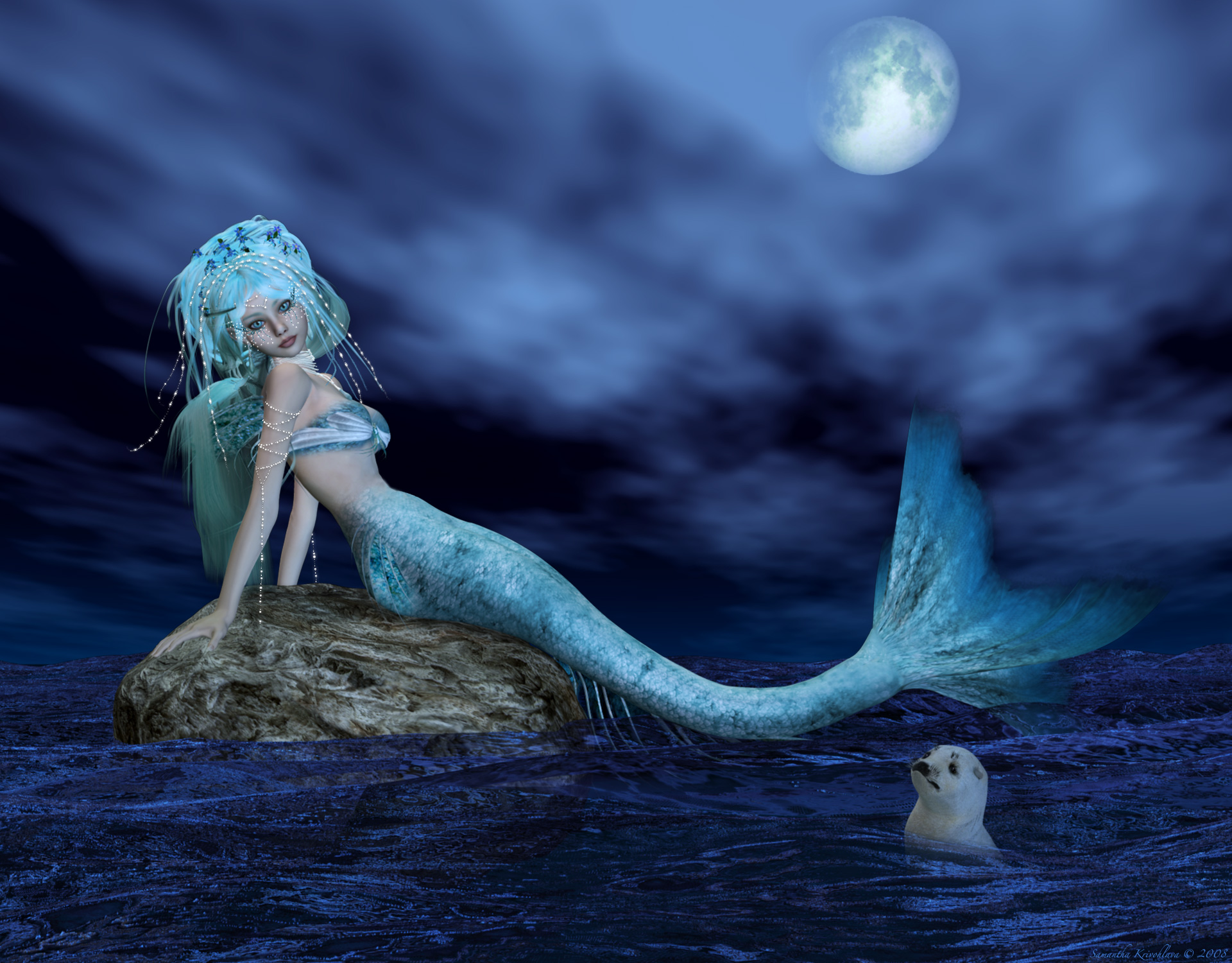 Mermaids Image Nerea Bathing In Moonlight HD Wallpaper And Background
