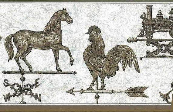WEATHERVANE Wallpaper Border Horse Rooster Train Brown Gray VINTAGE 570x371