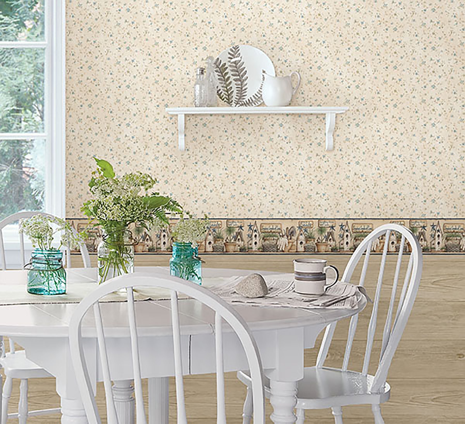 airy kitchen scene designed using the Shelby Calico Floral wallpaper