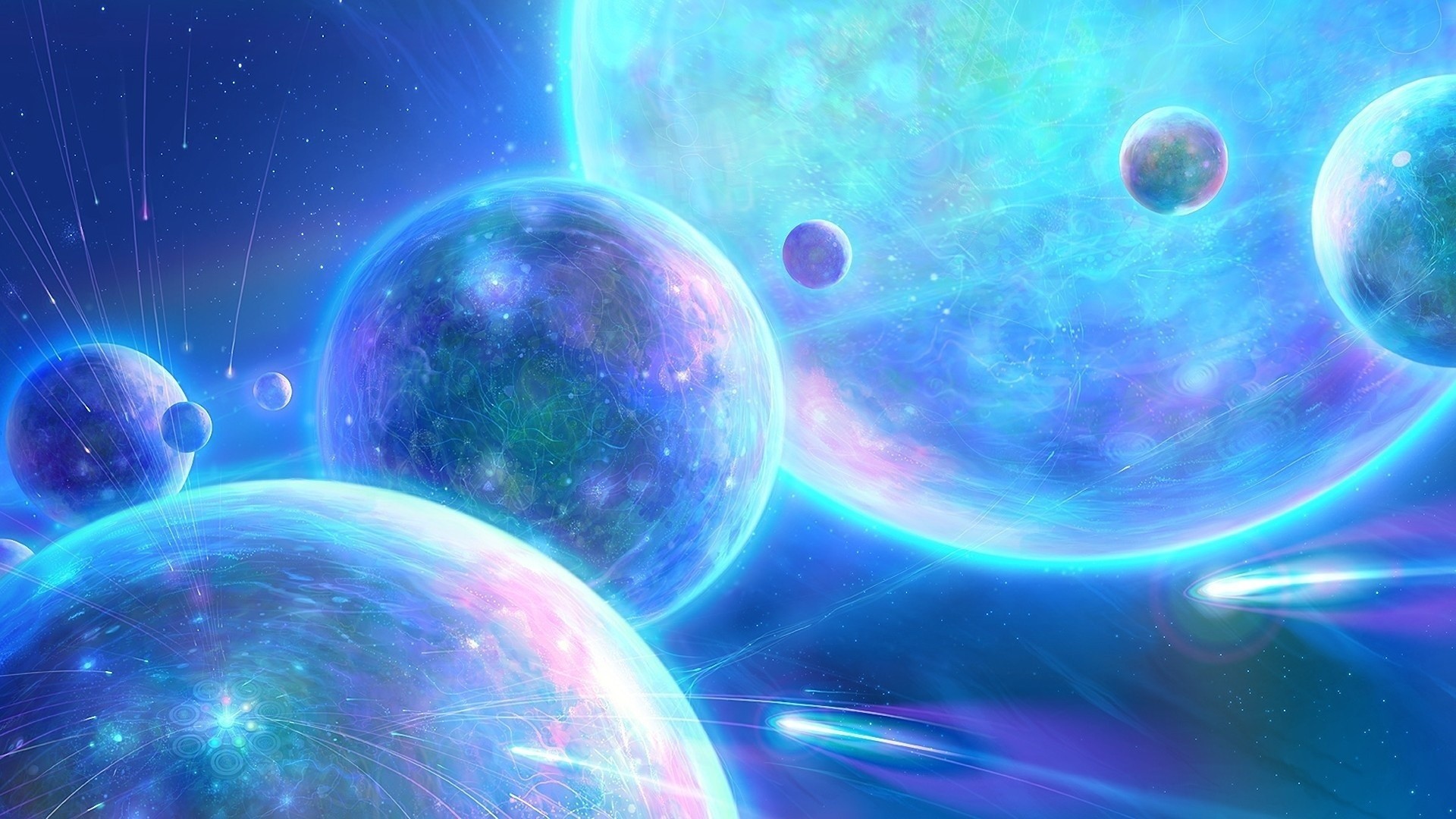 A vibrant and surreal depiction of a cluster of planets in a fantastical galaxy, ideal for space enthusiasts