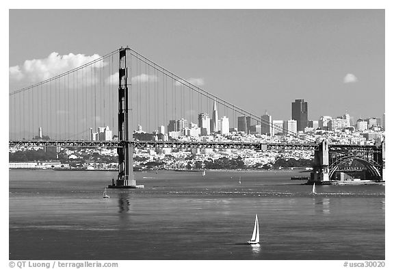 Black And White Picture Photo Sailboat Golden Gate Bridge With City