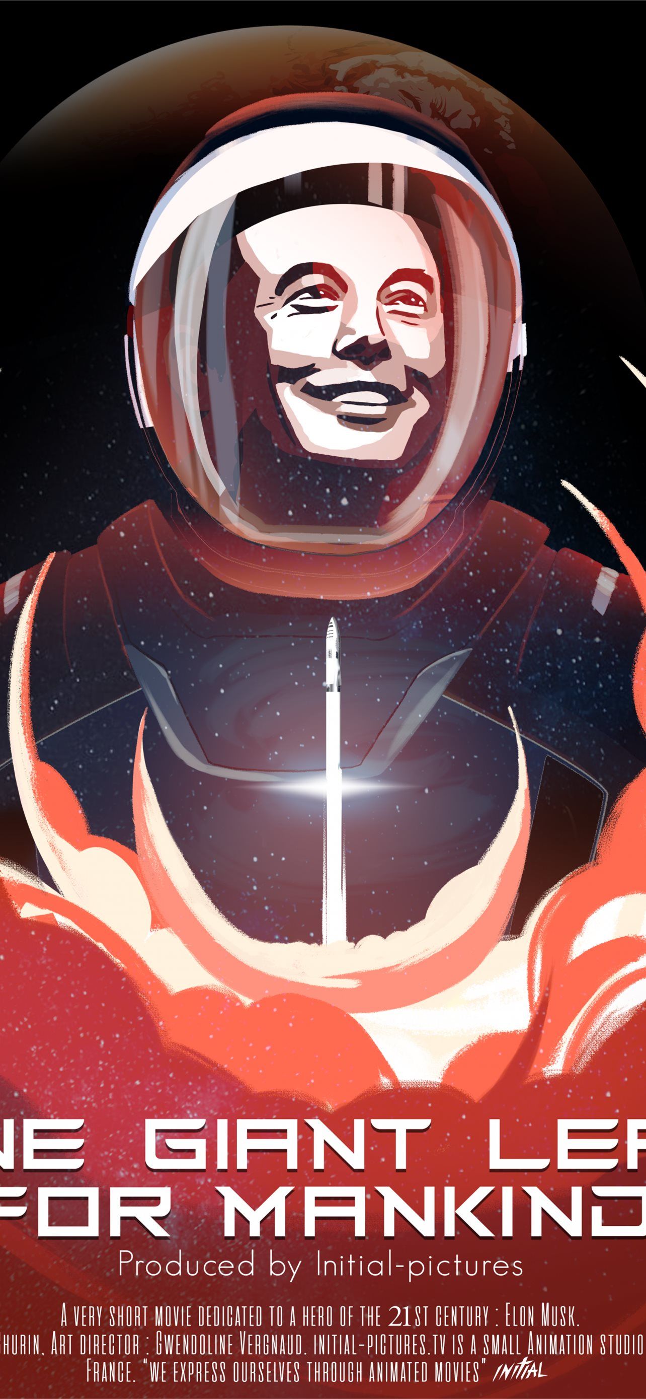 A stylized illustration of Elon Musk as an astronaut in space, with a rocket launching in the background and Mars in the distance