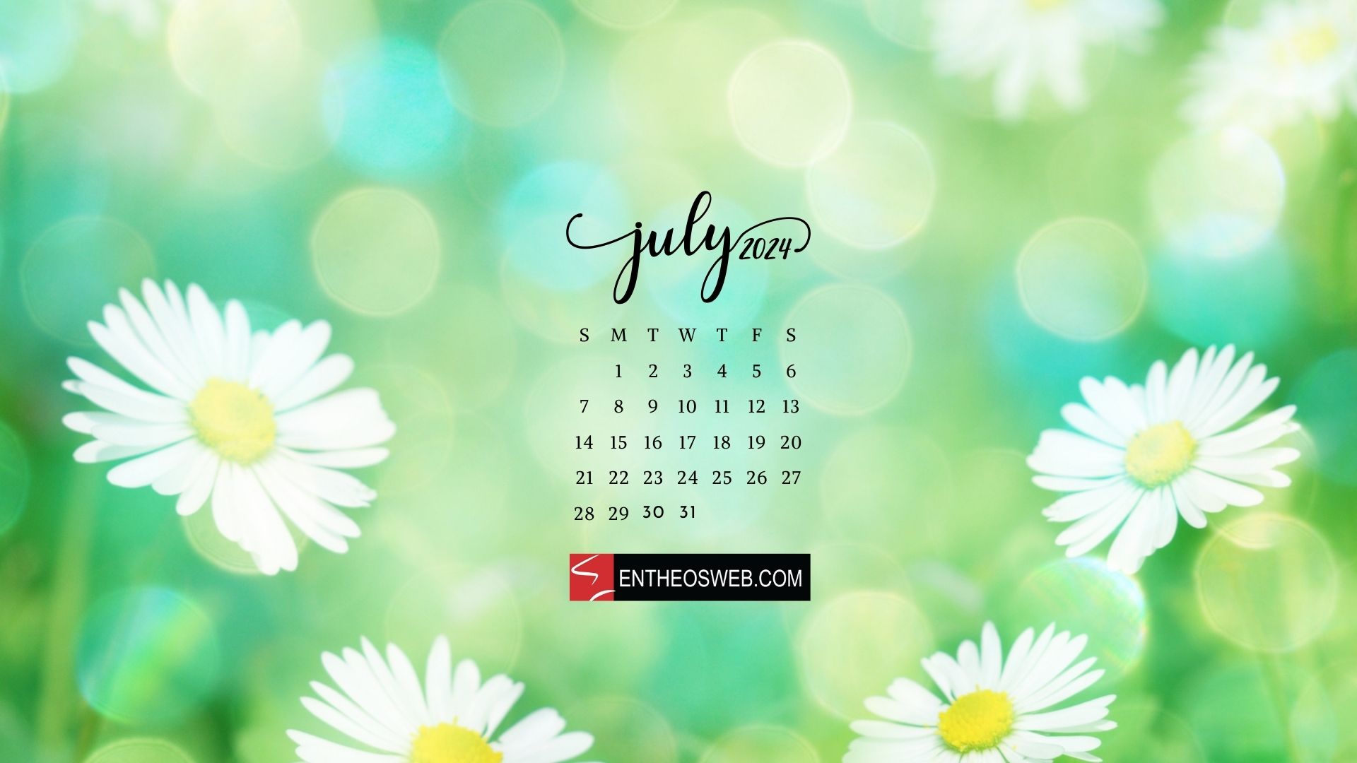 July 2024 calendar with a background of blurred daisies on a soft green backdrop