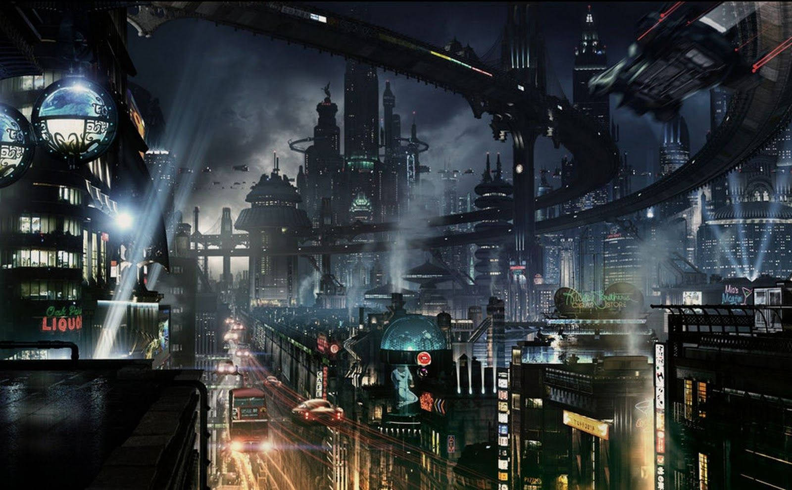 A vibrant cyberpunk cityscape at night, featuring towering skyscrapers, flying vehicles, and neon signs, showcasing the futuristic urban landscape