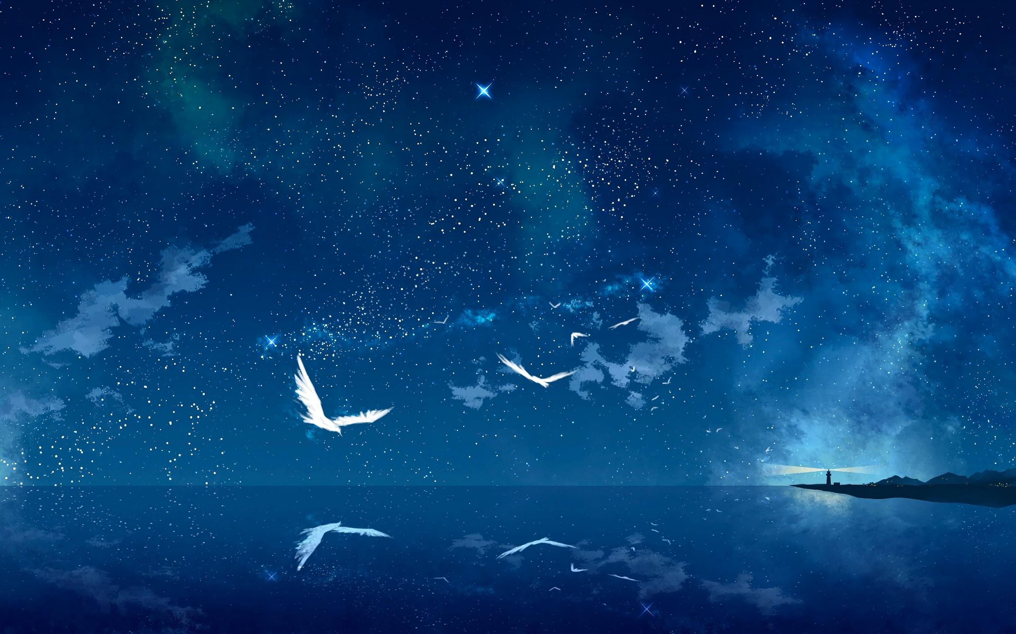 Night Sky Stars Ocean Horizon Scenery Lighthouse Anime 4k