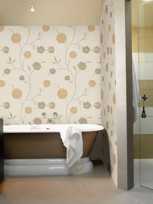Rustic Refined Bathroom With Beige Floral Wallpaper Hgtv